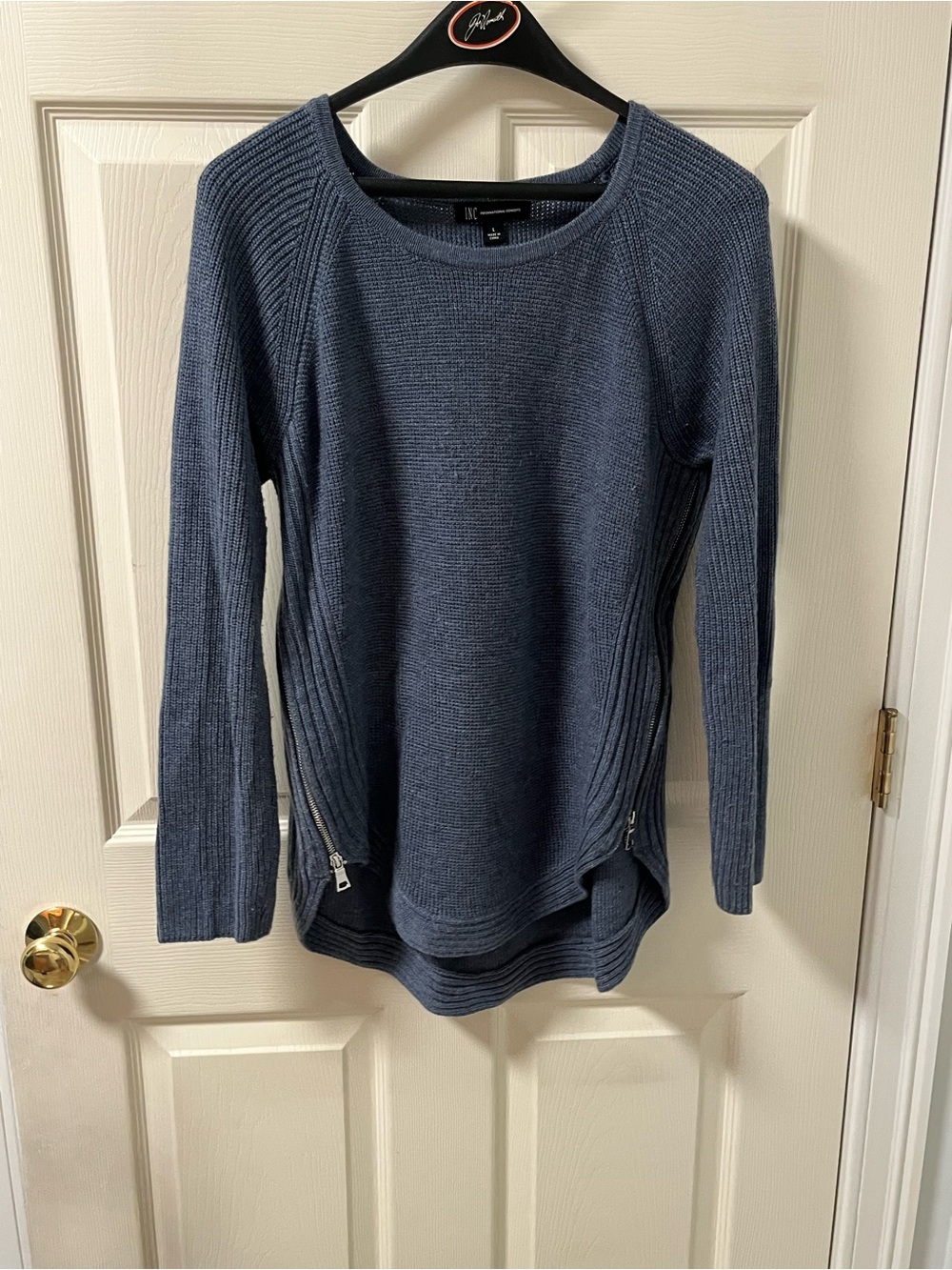 INC International Concepts Navy Blue Crewneck Sweater with Side Zippers